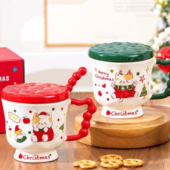 Taza navideña gatito con tapa y cucharita (PREVENTA)